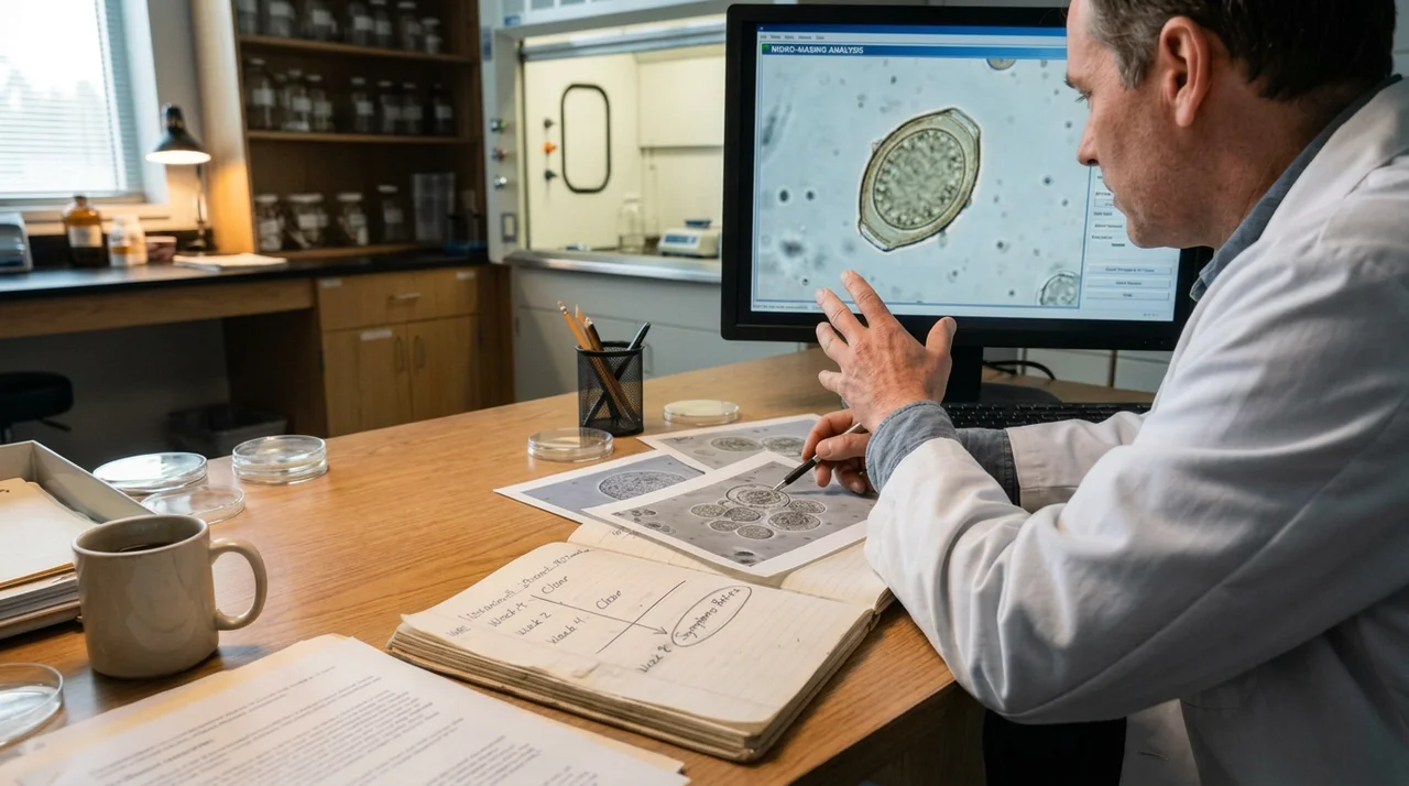 Researcher reviewing parasite egg imagery in a laboratory