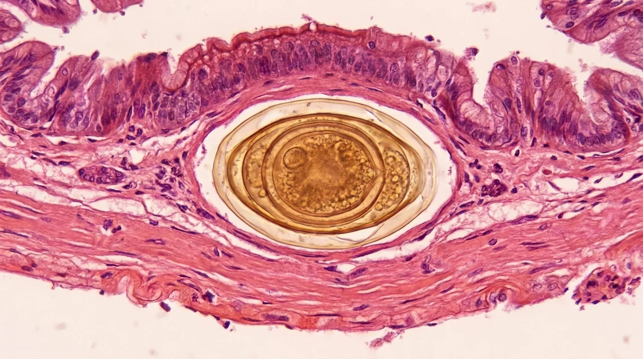 Mucosal biopsy sample showing a parasite egg embedded in intestinal wall tissue